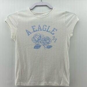 American Eagle Women’s Ribbed Graphic Tee Roses Logo White Blue Sz Small
